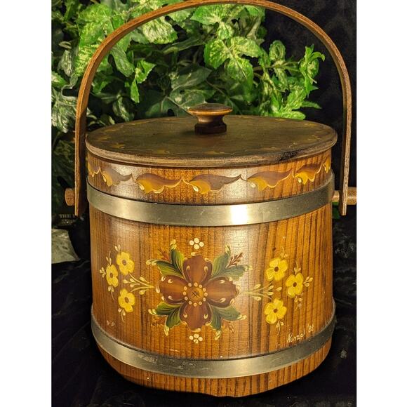 Norwegian Rosemaling Folk Art Tole Hand Painted Vintage Wood Ice Bucket Signed - Picture 9 of 10